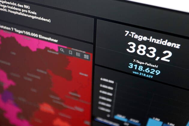 Dashboard des RKI, die 7-Tage-Inzidenz liegt nun bei 383,2 7-Tage-Inzidenz, Dashboard des RKI auf einem Monitor am 19.05.2022 in Siegen Deutschland.