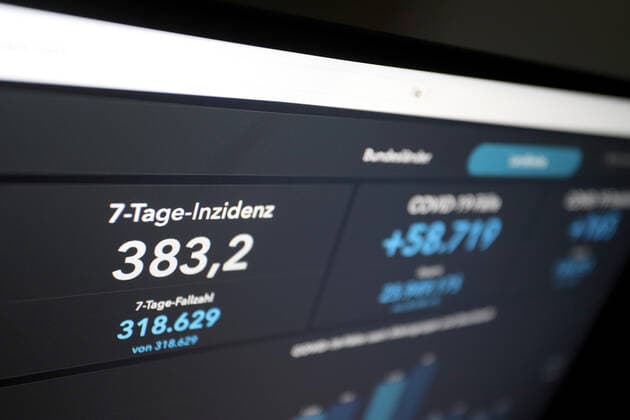 Dashboard des RKI, die 7-Tage-Inzidenz liegt nun bei 383,2 7-Tage-Inzidenz, Dashboard des RKI auf einem Monitor am 19.05.2022 in Siegen Deutschland.