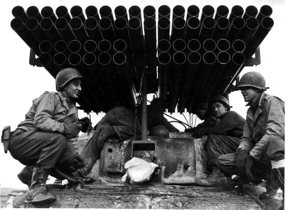 A closeup of the 60 4.5 rocket tubes on a turret of a U.S. Sherman tank (February 8, 1945) A closeup of the 60 4.5 rocket tubes which can fire a projectile every half second from the turret of a U.S. Sherman tank (France, February 8, 1945) Copyright: xPhoto12 Coll-DITE USISx DIT01068_008