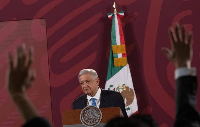 Lopez Obrador Daily Breafing Conference MEXICO CITY, MEXICO - MAY 19, 2022: MexicoÕs President, Andres Manuel Lopez Obrador, gesticulates during his speech in his daily briefing conference at National Palace. On May 15, 2022 in Mexico City, Mexico. (Photo by Alex Dalton Eyepix Group) Copyright: xAlexxDalton xEyepixxGroupx EYEPIX_AD_19052022_61647