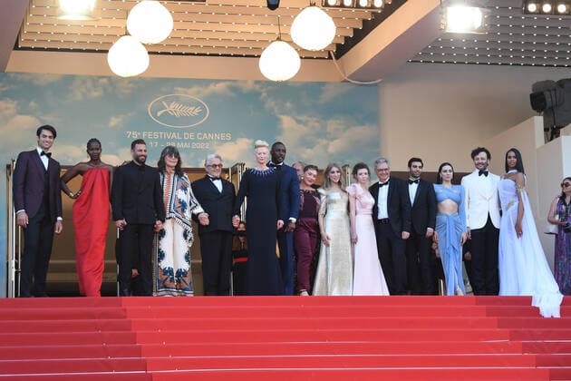 Matteo Bocelli, Aamito Lagum, Doug Mitchell, George Miller, Margaret Sixel, Doug Mitchell, Tilda Swinton, Idris Elba, Augusta Gore, Ece Yuksel, Zerrin Tekindor, Ogulcan Arman Uslu, Erdil Yasaroglu, Burcu Golgedar and Sabrina Elba attend the screening of Three Thousand Years Of Longing (Trois Mille Ans A T Attendre) during the 75th Cannes Film Festival in Cannes, France. MAY 20th 2022 RHDx22151