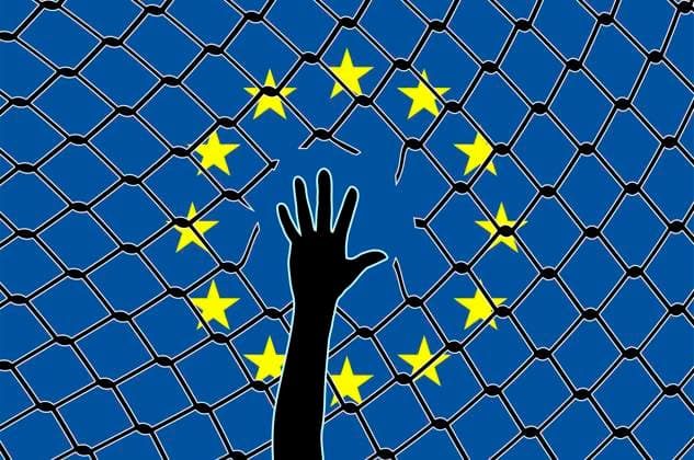 Concept sign of how the EU turns its back on refugees , 25603824.jpg, Europe, fortress, fortress Europe, EU, refugee, asylum, asylum seeker, immigrant, European Union, European countries, migrants, migration, policy, immigration, immigration policy, tragedy, drama, restriction, strategy, politics, government, flag, asylum policy, prejudice, camps, human rights, prison, prisoner, sign, symbol, metaphor, help,
