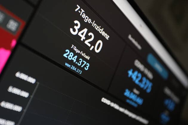 Dashboard des RKI, die 7-Tage-Inzidenz liegt nun bei 342,0 7-Tage-Inzidenz, Dashboard des RKI auf einem Monitor am 21.05.2022 in Siegen Deutschland.