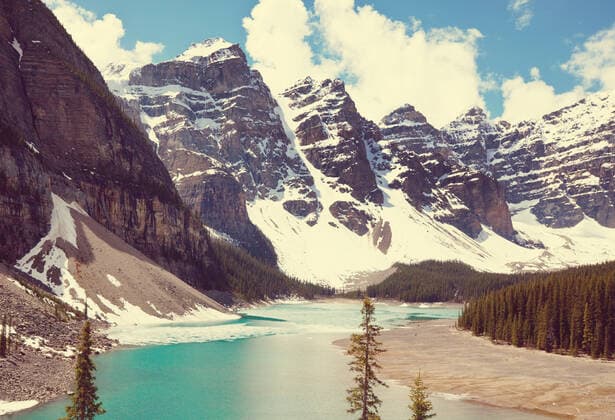 Beautiful turquoise waters of the Moraine lake with snow-covered peaks above it in Banff National Park of Canada , 26351940.jpg, alberta, alpine, america, aqua, attraction, banff, beautiful, blue, calm, canada, canadian, canoe, clouds, colorful, deep, destination, emerald, famous, forest, hiking, inspiring, lake, landscape, moraine, mountains, national, nature, north, outdoor, park, peaceful, peaks, pristine, pure, recreation, reflection, rock, rocky, scenery, scenic, serenity, summer, summit, tourism, tranquil, travel, turquoise, unusual, vivid, water,