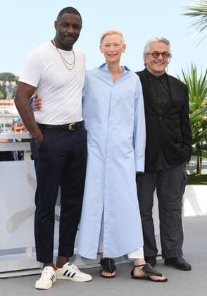 British actor Idris Elba, actress Tilda Swinton and Australian director George Miller attend the photo call for Three Thousand Years Of Longing at Palais des Festivals at the 75th Cannes Film Festival, France on Saturday, May 21, 2022.  CAN20220521144 RUNExHELLESTAD