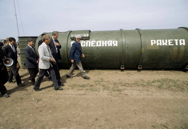 Implementing Soviet-US INF Treaty 8193034 31.05.1991 Implementing the Treaty between the United States and Soviet Union on the Elimination of their Intermediate-range and Shorter-range Missiles (INF Treaty), signed on December 8, 1987. Photo: The last missile at the Kapustin Yar Testing Site in the Astrakhan Region. Astrakhan region Russia  Copyright: xx