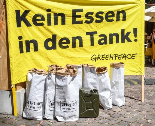 IMAGO Nature: Unsere Erde, Energiequellen, Biomasse Kein Essen in den Tank - Greenpeace- Transparent in Freiburg gegen die Verwendung von Getreide als Biokraftstoff . Greenpeace fordert, die Beimischung von Biokraftstoffen aus Lebens- und Futtermitteln zu beenden. Foto:Winfried Rothermel *** No food in the tank Greenpeace banner in Freiburg against the use of grain as biofuel Greenpeace calls for an end to the admixture of biofuels from food and animal feed Photo Winfried Rothermel