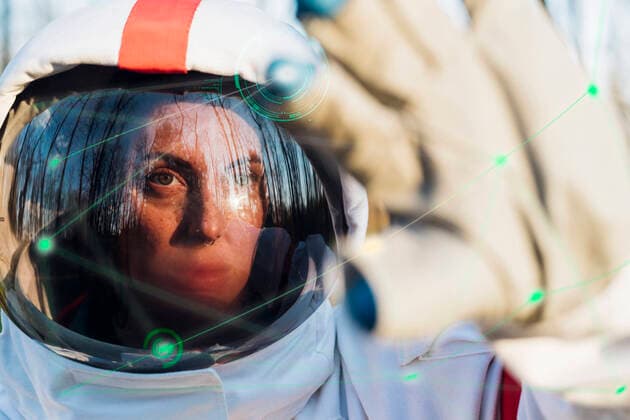 Creative Highlights Symbolbilder Astronaut using hi-tech transparent graphic interface model released, Symbolfoto, MEUF05565