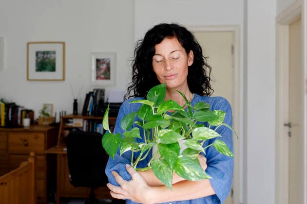 Creative Highlights Symbolbilder Woman with eyes closed holding plant at home model released, Symbolfoto property released, TYF00168