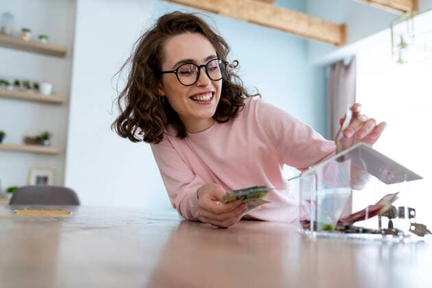 Happy woman saving money in piggy bank at home model released, Symbolfoto property released, VPIF05898