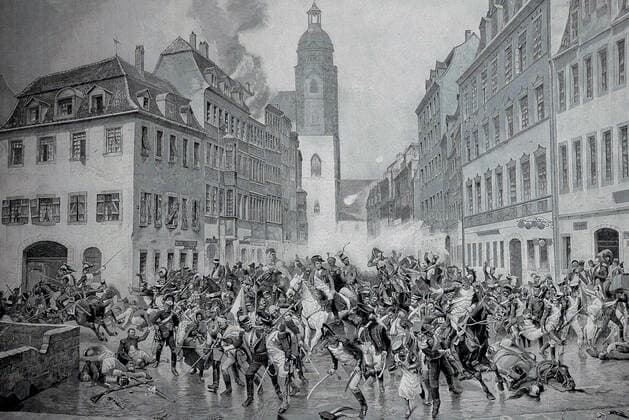 Napoleons Flucht durch Leipzig, 1813, digital restaurierte Reproduktion von einer Vorlage aus dem 19. Jahrhundert Napoleon s escape through Leipzig