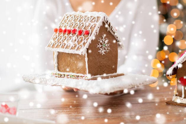 cooking, people, christmas and baking concept - close up of happy woman holding and showing gingerbread house at home, model released, , 18930516.jpg, home, happy, woman, christmas, gingerbread, house, showing, holding, december, holidays, people, person, x-mas, xmas, winter, traditional, female, cookies, diy, icing, table, girl, dessert, seasonal, homemade, baking, season, tasty, lifestyle, young, sweets, pastry, beautiful, food, cooking, decorated, living, room, indoors, glazed, glace, frosted, candied, sugared, sugar-coated, closeup, tree, lights, snow, snowflakes,