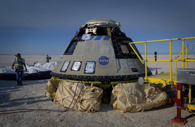 Boeing and NASA teams work around Boeing?s CST-100 Starliner spacecraft after it landed at White Sands Missile Range?s Space Harbor, Wednesday, May 25, 2022, in New Mexico. Boeing?s Orbital Flight Test-2 (OFT-2) is Starliner?s second uncrewed flight test to the International Space Station as part of NASA s Commercial Crew Program. OFT-2 serves as an end-to-end test of the system s capabilities. NASA and Boeing safely landed the company?s CST-100 Starliner spacecraft Wednesday in the desert of the western United States, completing the uncrewed Orbital Flight Test-2 (OFT-2) to the International Space Station to help prove the system is ready to fly astronauts. About four hours after departing the space station, Starliner touched do Copyright: xNASA BillxIngallsx 51591861 EDITORIAL USE ONLY. NOT FOR USE BY NEWSPAPERS BASED IN THE UK.