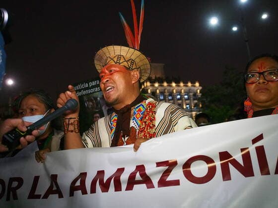 May 26, 2022, Lima, Peru: Indigenous leaders of the Amazon giving statements to the press when they carry out a march and vigil to demand justice for them. Recently, several indigenous leaders who opposed illegal timber and mining in the Peruvian rain forest have been assassinated in their communities. Lima Peru - ZUMAg240 20220526_zip_g240_007 Copyright: xCarlosxGarciaxGranthonx