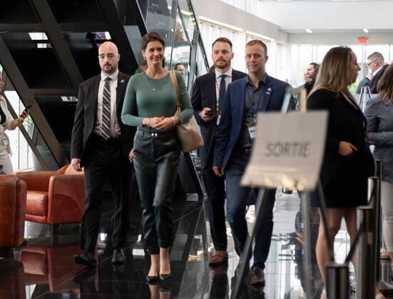 May 28, 2022, DRUMMONDVILLE, PQ, Canada: Quebec Deputy premier and Public Security Minister Genevieve Guilbault, left, arrives for the Coalition Avenir Quebec annual congress. in Drummondville, Que., Saturday, May 28, 2022. DRUMMONDVILLE Canada  - ZUMAc35_ 20220528_zaf_c35_009 Copyright: xJacquesxBoissinotx