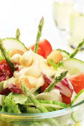 Bowl of fresh vegetable salad - detail , 21103492.jpg, detail, portion, one, bowl, meal, gourmet, food, vegetarian, supper, lunch, appetizer, snack, refreshing, low fat, diet, nutrition, healthy, fresh, croutons, mayonnaise, salad dressing, greens, cucumber, chicory, asparagus, lettuce, tomato, vegetable, savory, mixed, salad,