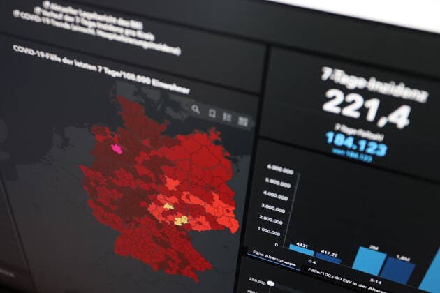 Dashboard des RKI, die 7-Tage-Inzidenz liegt nun bei 221,4 7-Tage-Inzidenz, Dashboard des RKI auf einem Monitor am 02.06.2022 in Siegen Deutschland.