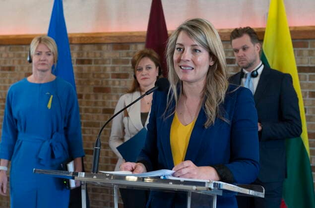 June 2, 2022, QUEBEC, PQ, Canada: Minister of Foreign Affairs Melanie Joly, foreground, speaks at a news conference as she meets with her counterparts from the Baltic region, Minister of Foreign Affairs of the Republic of Estonia Eva-Maria Liimets, left, Zanda Kalnina-Lukasevica, centre, of LatviaöÄö Parliamentary Secretary of the Ministry of Foreign Affairs and Minister of Foreign Affairs of the Republic of Lithuania Gabrielius Landsbergis, right, on Thursday, June 2, 2022 in Quebec City. QUEBEC Canada - ZUMAc35_ 20220602_zaf_c35_050 Copyright: xJacquesxBoissinotx
