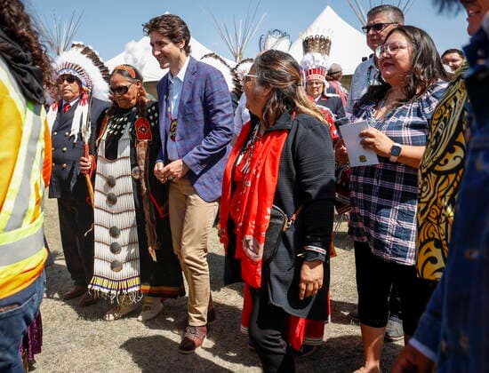 June 2, 2022, Siksika Nation, AB, CANADA: Prime Minister Justin Trudeau, centre, dances with Siksika Nation elders after a signing ceremony on the Siksika Nation in Siksika Nation, Alta., Thursday, June 2, 2022. Siksika Nation CANADA - ZUMAc35_ 20220602_zaf_c35_079 Copyright: xJeffxMcintoshx