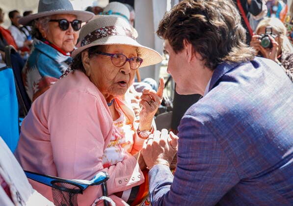 June 2, 2022, Siksika Nation, AB, CANADA: Prime Minister Justin Trudeau, right, meets with Siksika Nation elders after a signing ceremony on the Siksika Nation in Siksika Nation, Alta., Thursday, June 2, 2022. Siksika Nation CANADA - ZUMAc35_ 20220602_zaf_c35_082 Copyright: xJeffxMcintoshx
