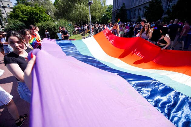 21st Zagreb Pride Parade Participants hold a giant rainbow-coloured flag during the 21st Zagreb Pride march for equality under the ironic motto Give us our four walls! , in Zagreb, Croatia, on Junce 4, 2022. SlavkoxMidzor PIXSELL
