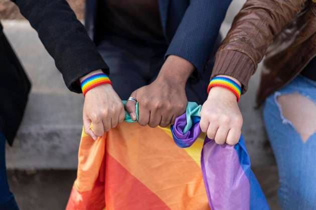  Creative Highlights Symbolbilder Multi ethnischen lgbt gruup tragen lgbt Armbänder, halten lgbt Flagge *** Multi Ethnic groups LGBT group carry LGBT Bracelet, hold LGBT Flag Copyright: imageBROKER/MarianoxGaspar ibxmog08318635.jpg ,model released, Symbolfoto ,property released