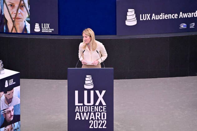 Roberta Metsola bei der Verleihung des Lux Publikumspreises 2022 im Plenarsaal des Europäischen Parlaments. Straßburg, 08.06.2022
