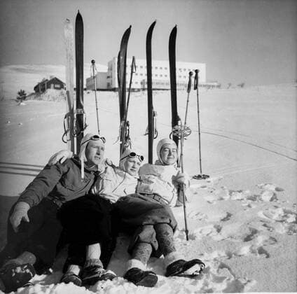 Finland History - Three skiers chilling on snow, enjoying the sun in front of Hotel Pallas. ca. 1938 1062_05_M_-11789-