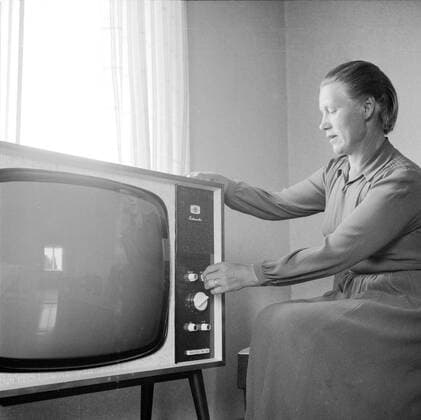 Finland History - Smallholder Lempi Kuikka with a TV-set she won from a competition organized by Kuluttaja magazine. There is no picture on the screen, as the Kuikkas house didn t have electricity. ca. 1963 1062_05_M_-11821-