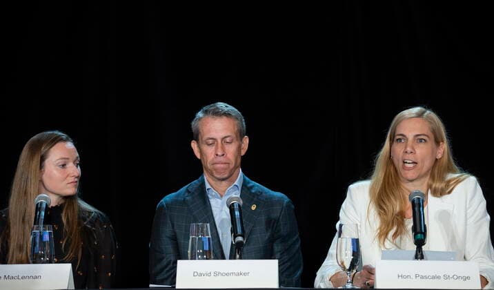 June 12, 2022, Montreal, PQ, Canada: Minister of Sport Pascale St-Onge, right, with Olympic athlete Rosie MacLennan and COC CEO David Shoemaker, speaks during a news conference in Montreal, Sunday, June 12, 2022. Montreal Canada - ZUMAc35_ 20220612_zaf_c35_013 Copyright: xGrahamxHughesx