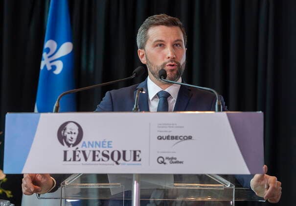 June 13, 2022, Montreal, PQ, Canada: Quebec Solidaire co-spokesperson Gabriel Nadeau-Dubois speaks during an event launching commemorations of the 100th anniversary of the birth of Rene Levesque in Montreal, Monday, June 13, 2022. Montreal Canada  - ZUMAc35_ 20220613_zaf_c35_080 Copyright: xGrahamxHughesx