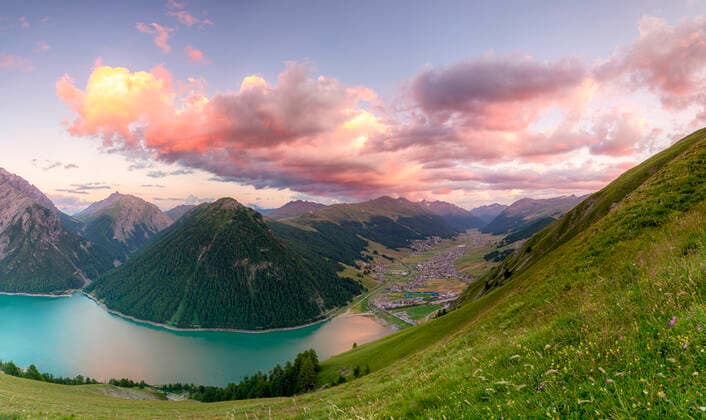 Livigno and lake at sunset, Livigno Valley, Valtellina, Lombardy, Italy, Europe Copyright: FrancescoxBergamaschi 1269-717