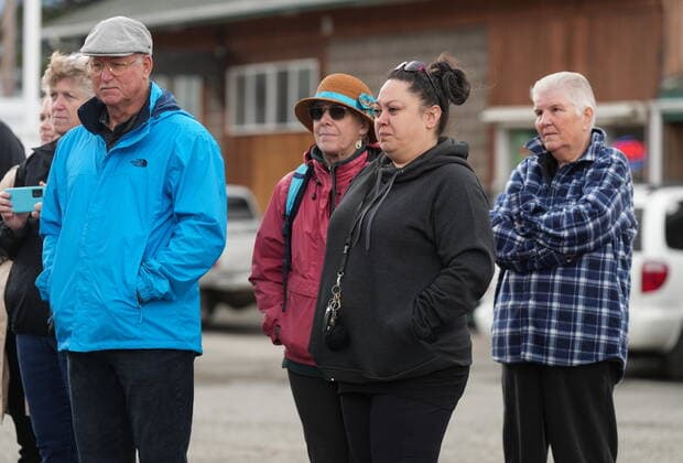 June 14, 2022, LYTTON, BC, CANADA: Residents listen as Harjit Sajjan, minister of International Development, speaks during an announcement about funding to rebuild the village of Lytton, B.C., on Tuesday, June 14, 2022. The fire-ravaged community of Lytton, B.C., will get $77 million from the federal government to help it rebuild a fire-resistant and energy-efficient community. Two people were killed and much of the centre of the village was destroyed when wildfire ripped through the community almost a year ago. LYTTON CANADA - ZUMAc35_ 20220614_zaf_c35_095 Copyright: xDarrylxDyckx