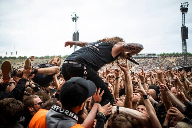 Baest live at Copenhell 2022, Copenhagen, Denmark Copenhagen, Denmark. 17th, June 2022. The Danish death metal band Baest performs a live concert during the Danish heavy metal festival Copenhell 2022 in Copenhagen. Here vocalist Simon Olsen is seen among the crowds. Copenhagen Denmark  Copyright: xGonzalesxPhoto ChristianxHjorthx