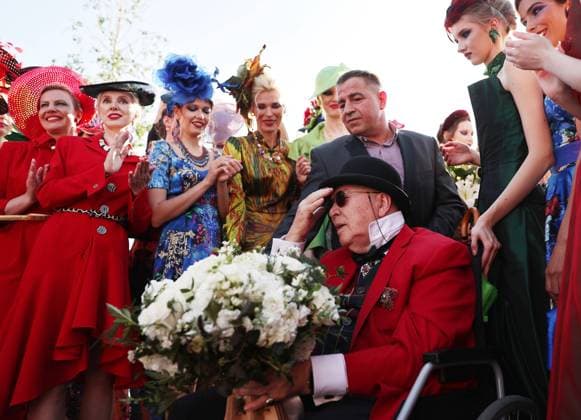 MOSCOW, RUSSIA - JUNE 20, 2022: Russian fashion designer Vyacheslav Zaitsev (front) is seen after a catwalk show for his collection as part of the Moscow Fashion Week in Zaryadye Park. Sergei Bobylev TASS  TS13705D
