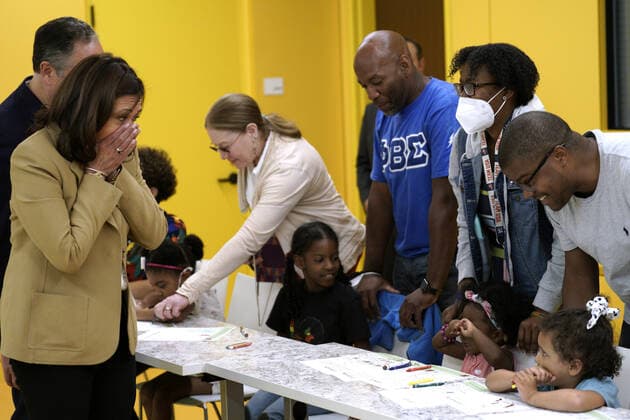U.S. Vice President Kamala Harris greets children at an art class as she visits the National Museum of African American History and Culture to mark a Juneteenth in Washington, DC on Monday, June 20, 2022.  WASP20220620102 YurixGripas