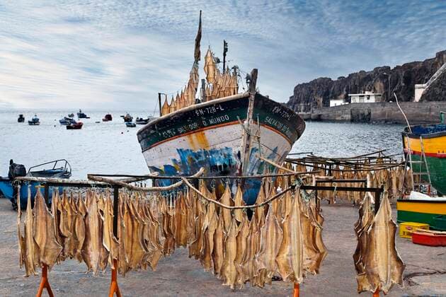 IMAGO Creative, Unsere Erde, Umweltverträgliche Herausforderungen des 21. Jahrhunderts, Überfischung Stockfisch aufgehängt auf Gestell, Fischerboot, Meer Baia de Camara de Lobos, Madeira, offiziell Autonome Region Madeira, Insel, Atlantik, Archipel Makaronesien, Portugal, Europa *** Stockfish hung up at Frame, fishing boat, Sea Baia de Camara de Lobos, Madeira, officially Autonomous Region Madeira, Island, Atlantic, Archipelago Macaronesia, Portugal, Europe Copyright: imageBROKER/NorbertxProbst iblnpr08328119.jpg