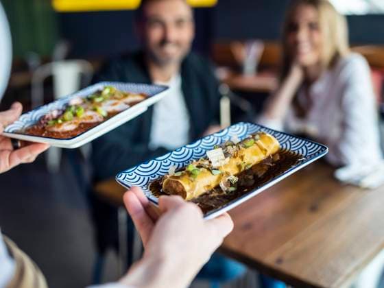 Hands of waitress serving food to customers model released, Symbolfoto property released, JSRF02069