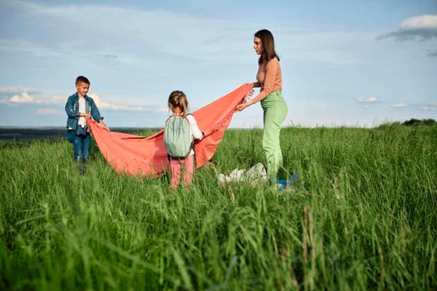 Mother and children laying out picnic blanket on grass in field model released, Symbolfoto, ZEDF04542