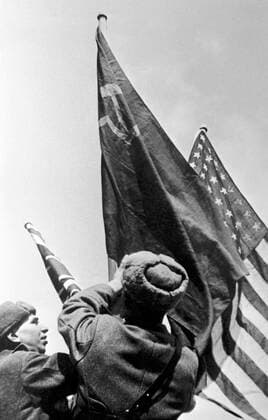 The Yalta conference 2400776 04.02.1945 February 1945. The flags of the three Allied powers flutter in Sevastopol during the Big Three conference of Allied leaders in Yalta, the Crimea. Alexey Sputnik Sevastopol Crimean ASSR USSR  Copyright: xAlexeyx
