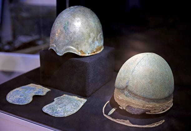 KYIV, UKRAINE - JUNE 24, 2022 - Helmets dating back to 6th - 4th centuries BC are part of the largest collection of antiquities confiscated since Ukraine s independence from ex-MP Valerii Horbatov during authorized searches on display at the National Museum of the History of Ukraine, Kyiv, capital of Ukraine. This photo cannot be distributed in the Russian Federation. Largest collection of antiquities in Ukraine?s history confiscated from ex-MP presented in Kyiv  Copyright: xRuslanxKaniukax