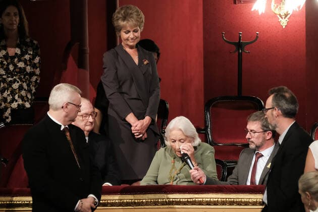 Queen Paola of Belgium (C) delivers a speech at the Concert of Belgian-Italian friendship in the presence of members of the Royal Family, in the Liege Opera House, Friday 24 June 2022.  BRUNOxFAHY 36609100