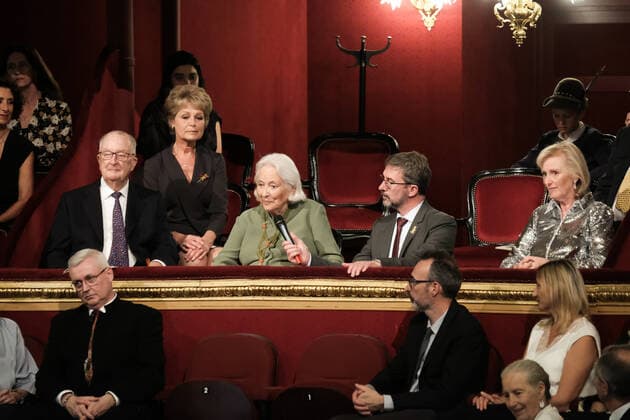 Entertainment Bilder des Tages Queen Paola of Belgium (C) delivers a speech at the Concert of Belgian-Italian friendship in the presence of members of the Royal Family, in the Liege Opera House, Friday 24 June 2022.  BRUNOxFAHY 36609105