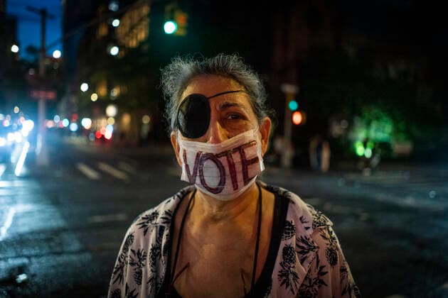 Roe V Wade Overturned Protest A protestor wears a vote mask during a protest against the Supreme Courts decision to overturn Roe V. Wade on Friday June 24, 2022 in New York, NY. The court voted 5-4 to overturn Roe V. Wade, which guaranteed legal, safe abortions as a constitutional right. (Erin Lefevre NurPhoto) New York New York United States  Copyright: xErinxLefevrex originalFilename: lefevre-roevwade220624_npOLg.jpg