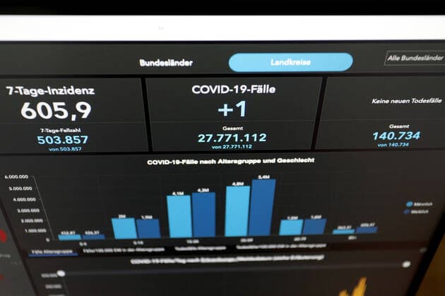Dashboard des RKI, die 7-Tage-Inzidenz liegt nun bei 605,9 7-Tage-Inzidenz, Dashboard des RKI auf einem Monitor am 26.06.2022 in Siegen Deutschland.