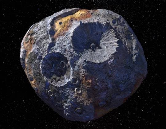 A Metal-Rich World (Artist s Concept) This artist s concept depicts the 140-mile-wide (226-kilometer-wide) asteroid Psyche, which lies in the main asteroid belt between Mars and Jupiter. Psyche is the focal point of NASA s mission of the same name. The Psyche spacecraft is set to launch in August 2022 and arrive at the asteroid in 2026, where it will orbit for 21 months and investigate its composition. Scientists think that Psyche, unlike most other asteroids that are rocky or icy bodies, is made up of mostly iron and nickel similar to the Earth s core. Exploring the asteroid could give valuable insight into how our own planet and others formed. The Psyche team will use a magnetometer to measure the asteroid s magnetic field. A multis
