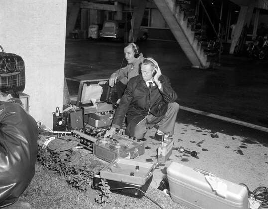 Trip to Europe: Arrival in Vienna, Austria 10:50AM; White House Army Signal Agency (WHASA) staff in Vienna. Two unidentified White House Army Signal Agency (WHASA) staff members use communications equipment for the arrival of President John F. Kennedy at Schwechat Airport in Schwechat, Austria; the President visited Vienna for a summit with Soviet Union Premier Nikita Khrushchev. Copyright: xpiemagsx