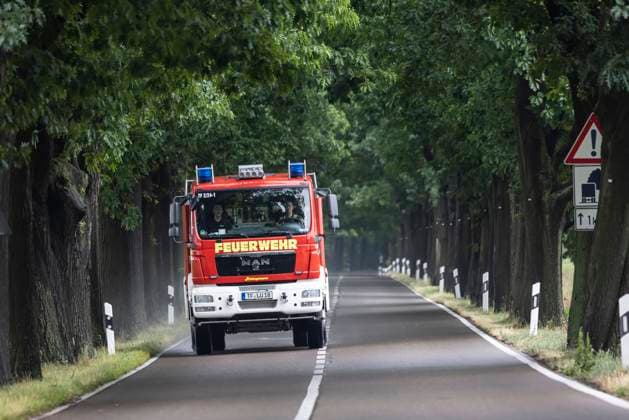 Feuerwehr und Notarzt, Symbolfotos Baumallee bei Trebbin mit Feuerwehrfahrzeug. 20.06.2022: Deutschland, Brandenburg, Trebbin. *** Tree avenue near Trebbin with fire engine 20 06 2022 Germany, Brandenburg, Trebbin
