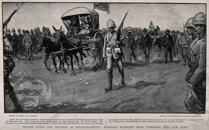Boer War: bringing in the wounded after Magersfontein. Reproduction after a photograph by F.S. Spence after Captain Ferguson.