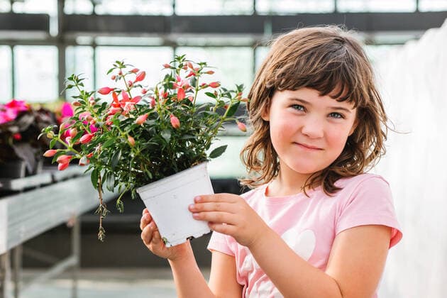 Creative Highlights Symbolbilder Cheerful cute child with dark hair smiling and holding metal pot with blooming plant in flower shop, Model released HodeiUnzueta_FloweShop_00053.jpg Copyright: xHodeixUnzuetax MR